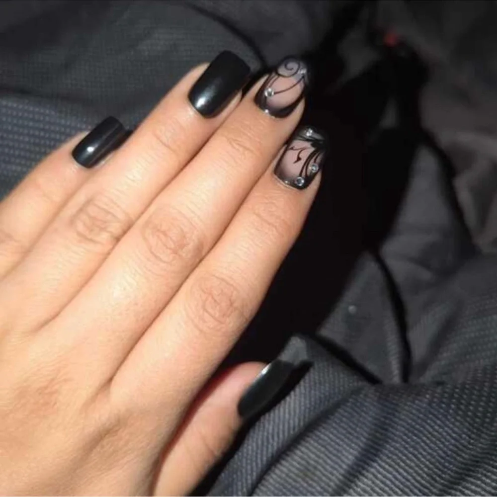 Black Gothic Butterfly Rhinestone 24 Piece Set Square Nails